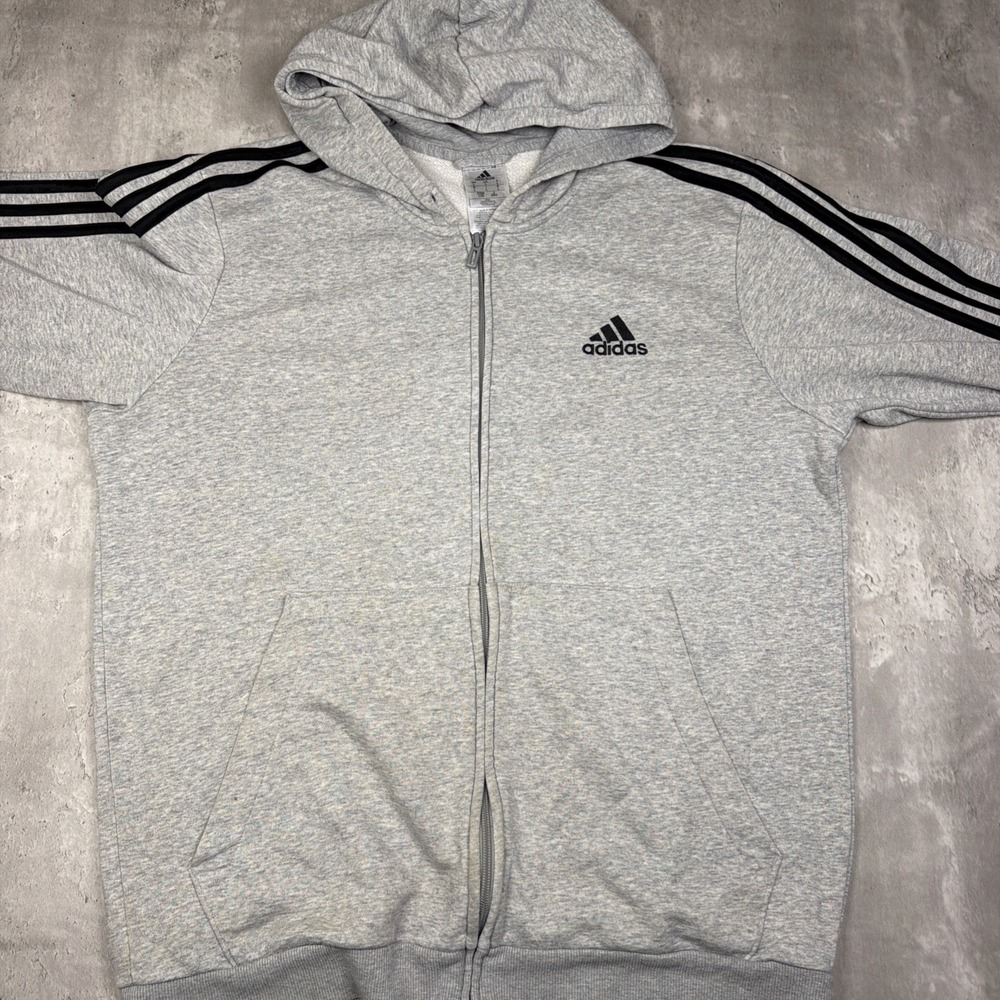 Adidas Hoodie Mens Large Gray Essentials 3 Stripes Full Zip Fleece Sweatshirt - Picture 3 of 7